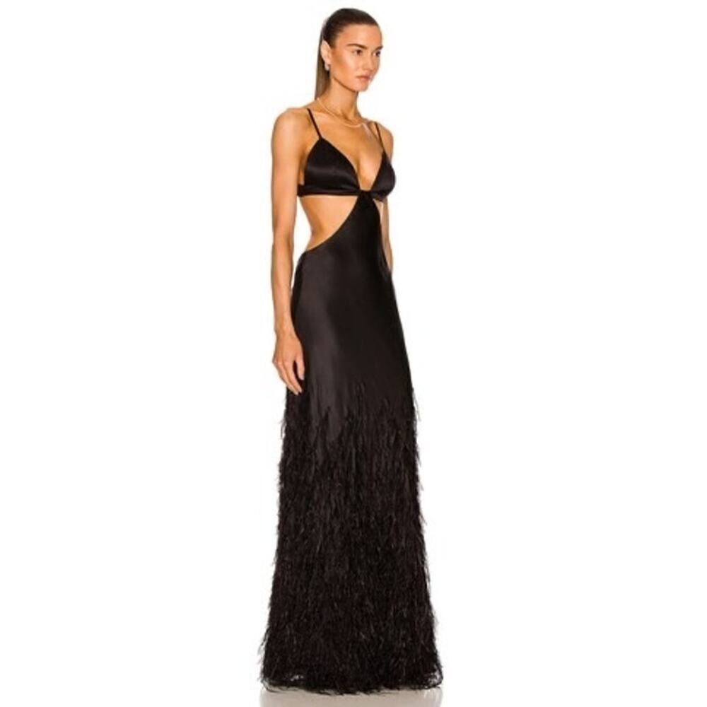 Cult Gaia Raisa Ostrich Feather Trimmed Silk Gown Black Small - Picture 4 of 10